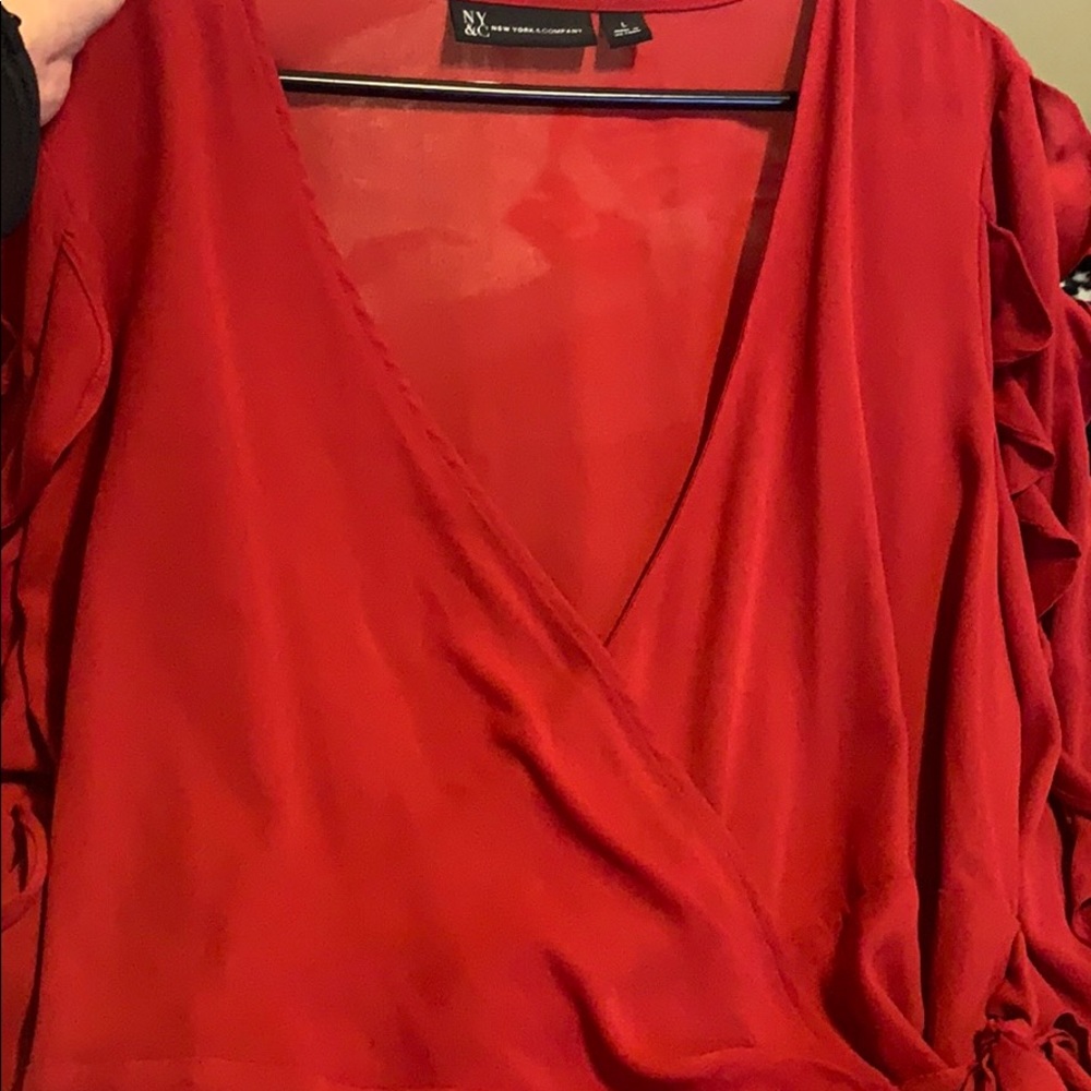 Red New York & Company Ruffled V-Neck Wrap Blouse